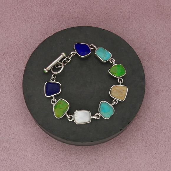 sterling silver lapis mother of pearl gaspeite toggle bracelet size 7.25in